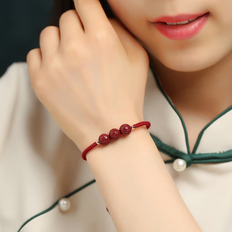 Handmade Cinnabar Om Mani Padme Hum Engraved Beads Blessing Braided Bracelet