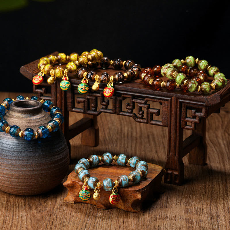 Gold Swallowing Beast Family Charm Liuli Glass Bead Fortune Bracelet