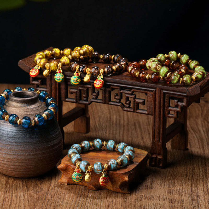 Gold Swallowing Beast Family Charm Liuli Glass Bead Fortune Bracelet