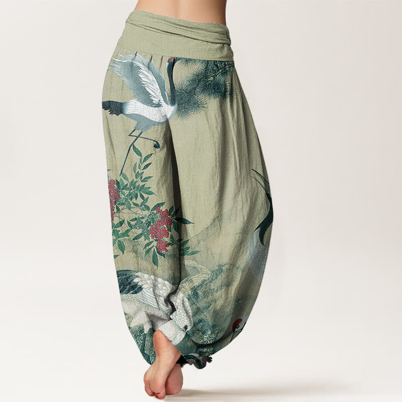Casual Red-crowned Crane Pine Tree Mountain Women's Elastic Waist Harem Pants