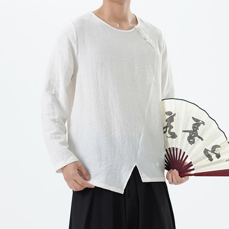 Men's Long Sleeve Round Collar Comfort Cotton Linen Shirt