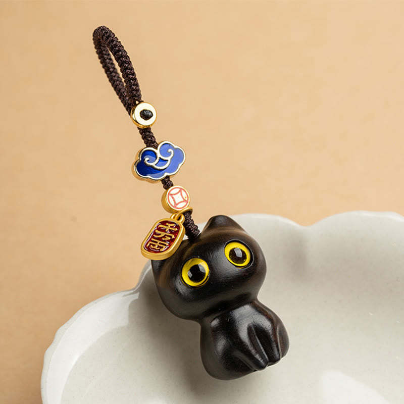 Small Leaf Red Sandalwood Ebony Wood Lucky Cat Protection Key Chain Phone Hanging Decoration