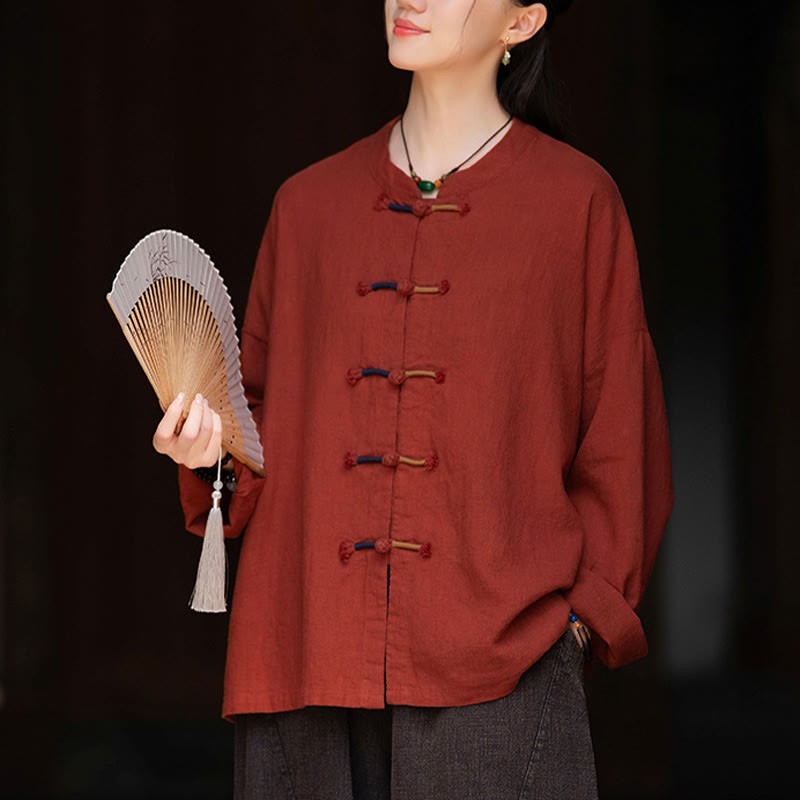 Solid Color Two-color Frog-button Long Sleeve Ramie Linen Women's Shirt