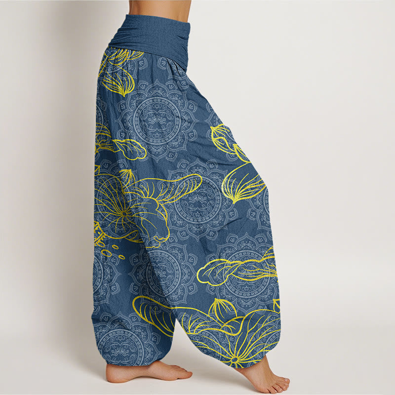 Golden Lotus Mandala Pattern Women's Elastic Waist Harem Pants