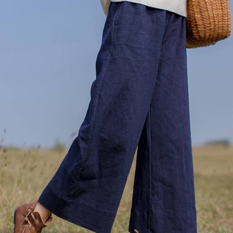 Casual Plain Loose Women's Ramie Wide Leg Pants With Pockets