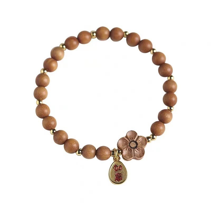 Natural Sandalwood Peach Blossom Small Leaf Red Sandalwood Ruyi Charm Protection Bracelet