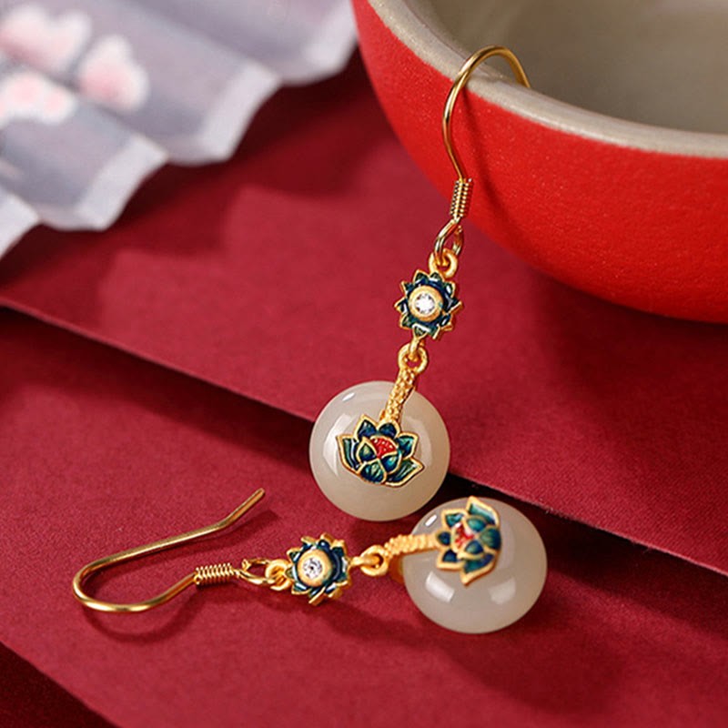 925 Sterling Silver Plated Gold Hetian Jade Lotus Luck Ring Earrings Set