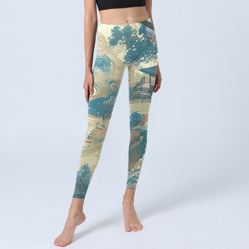 Chinese Architecture Dark Sea Green Print Fitness Leggings Women's Yoga Pants
