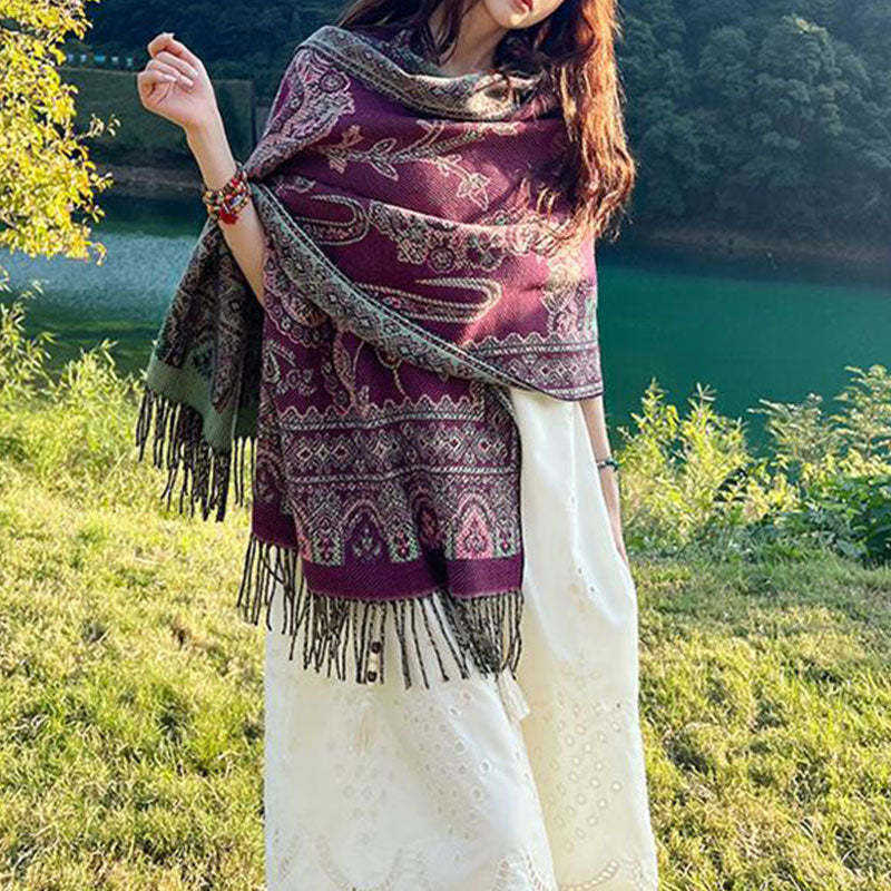 Vintage Tibetan Leaves Pattern Design Shawl Cozy Travel Scarf Wrap