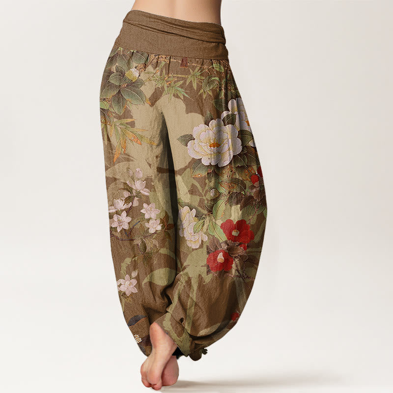 Casual Peony Flowers Leaves Magpie Women's Elastic Waist Harem Pants