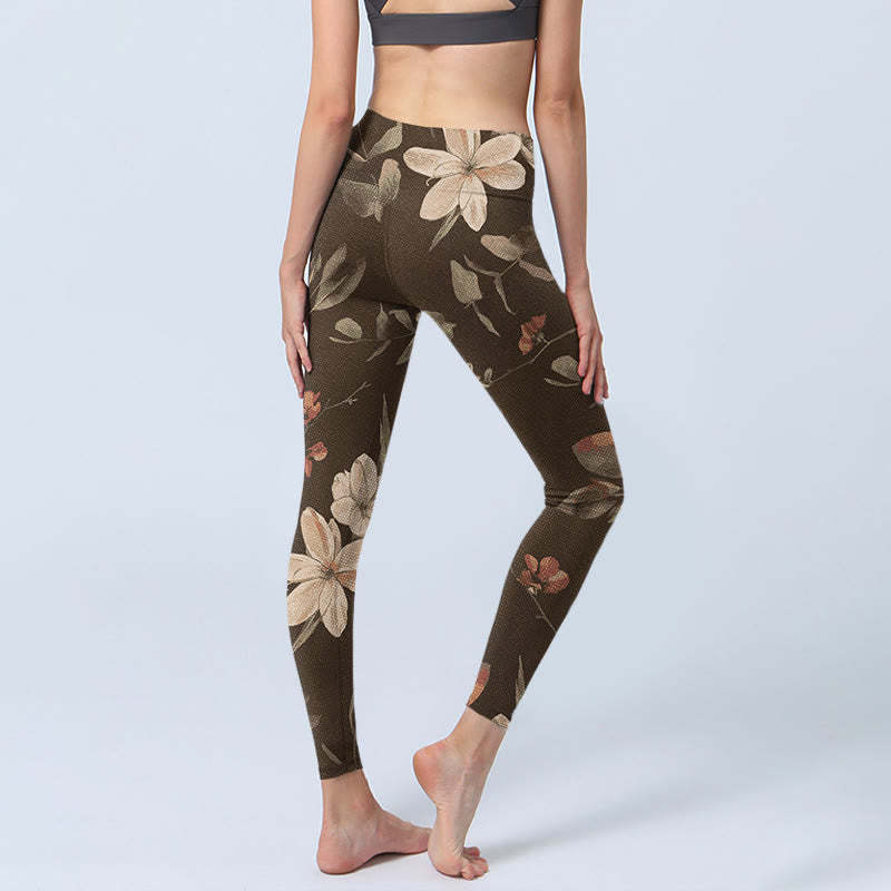 Purple White Flowers Leaves Blossom Print Gym Fitness Leggings Women's Yoga Pants