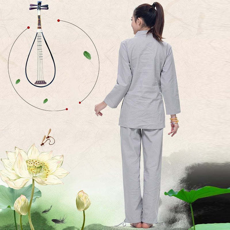 Zen Practice Yoga Meditation Prayer V-neck Design Uniform Cotton Linen Clothing Women's Set