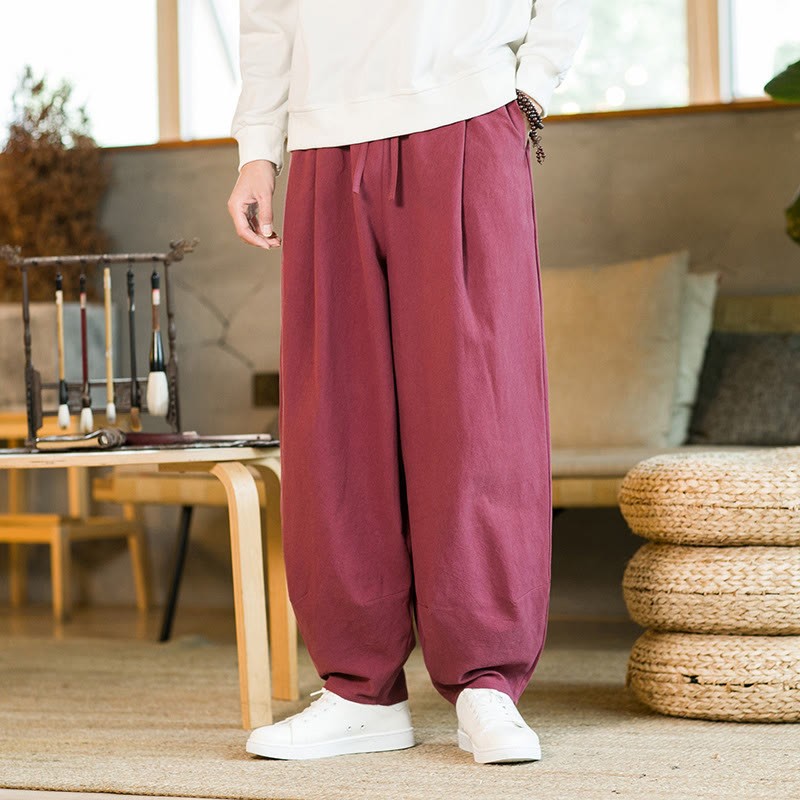 Solid Color Cotton Linen Drawstring Men's Harem Pants With Pockets