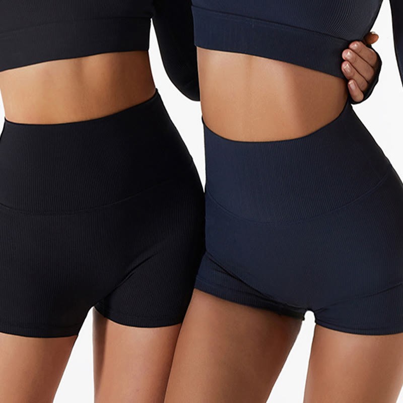 Ribbed Long Sleeve Crop Top T-shirt Shorts Sports Fitness Gym Yoga Outfits