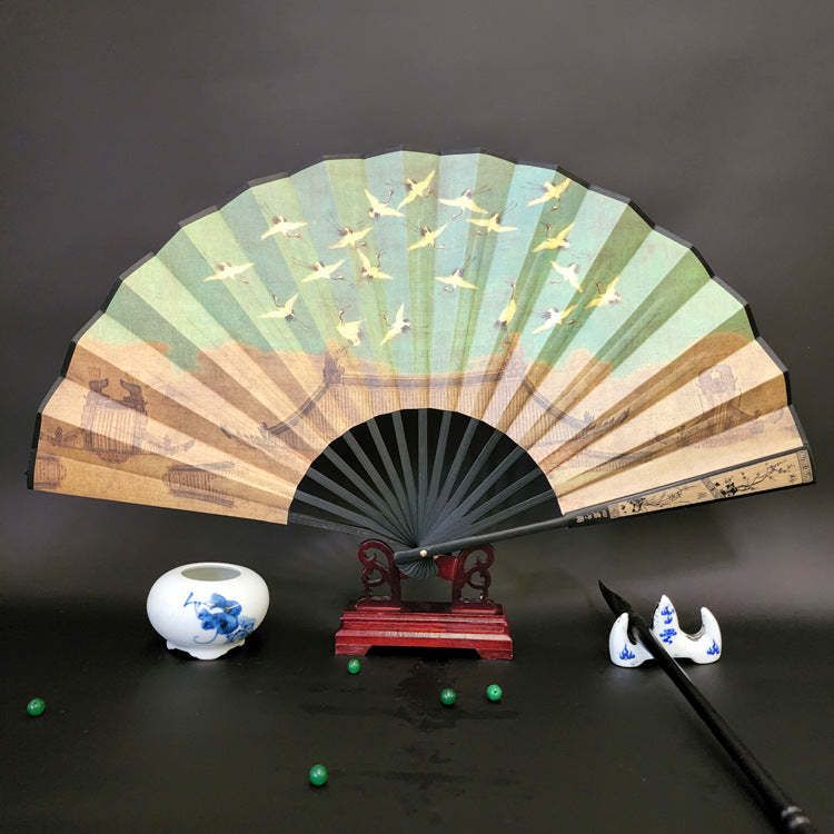 Great Wall Mountains Trees Crane Bamboo Handheld Bamboo Folding Fan 33.5cm