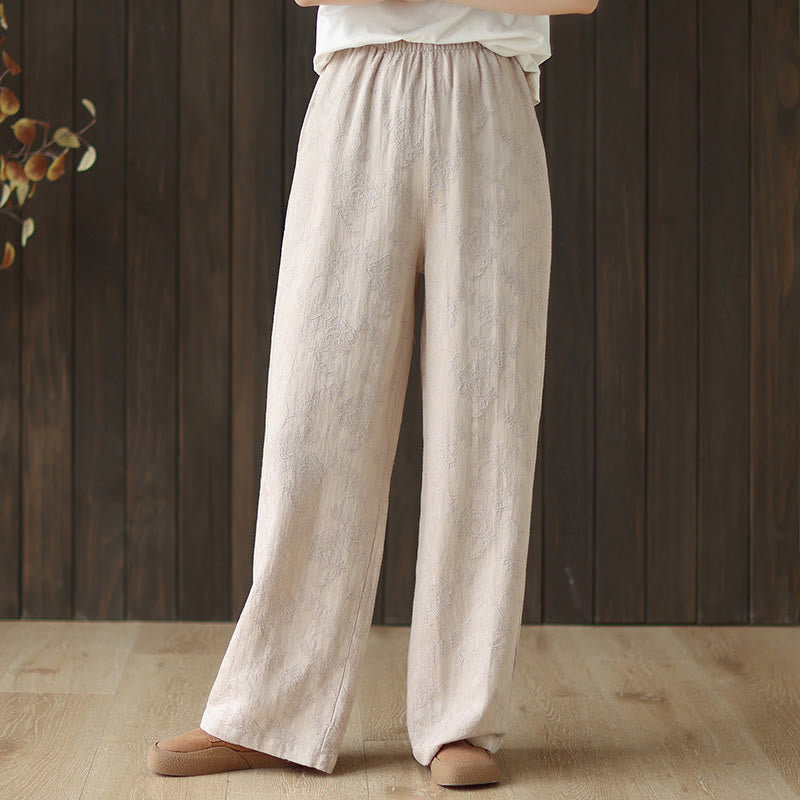 Casual Loose Jacquard Women's Cotton Linen Wide Leg Pants With Pockets