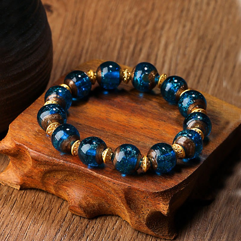 Gold Swallowing Beast Family Charm Liuli Glass Bead Fortune Bracelet