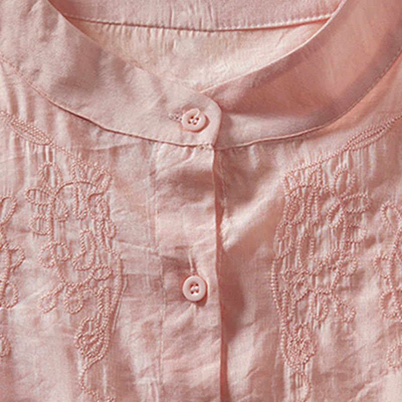 Casual Women's Embroidered Stand Collar Design Cardigan Half Sleeve Cotton Linen Shirt