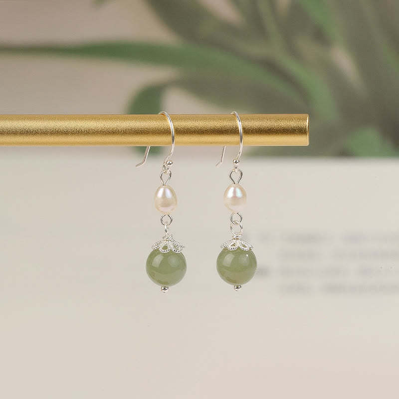 925 Sterling Silver Natural Pearl Jade Wisdom Earrings