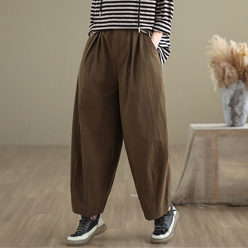 Casual Solid Color One Top Button Elastic Waistband Cotton Linen Women's Pants With Pockets