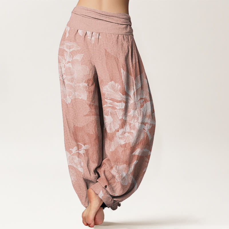 White Flowers Pattern Women's Elastic Waist Harem Pants