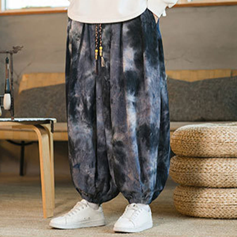 Ink Tie-dye Braided Drawstring Corduroy Cotton Men's Harem Pants With Pockets