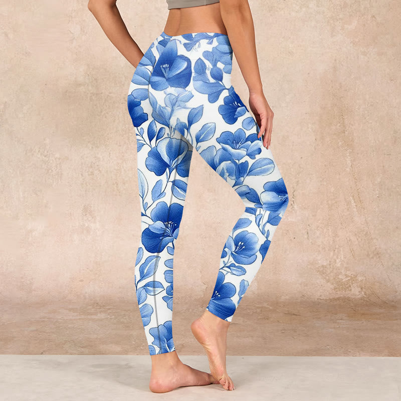 Blue Flowers Print Fitness Leggings Women's Yoga Pants