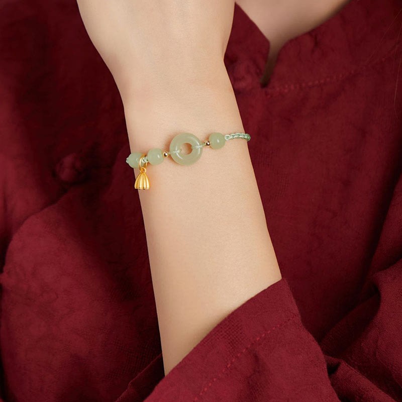 Round Peace Buckle Jade Lotus Happiness Abundance Wealth String Bracelet