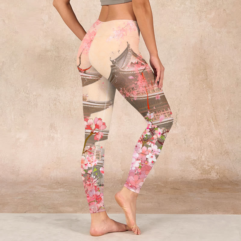 Pink Sakura Antique Building Print Fitness Leggings Women's Yoga Pants