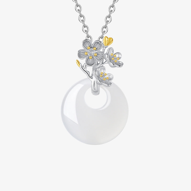 925 Sterling Silver Round Chalcedony Twelve Months Flower Harmony Necklace Pendant