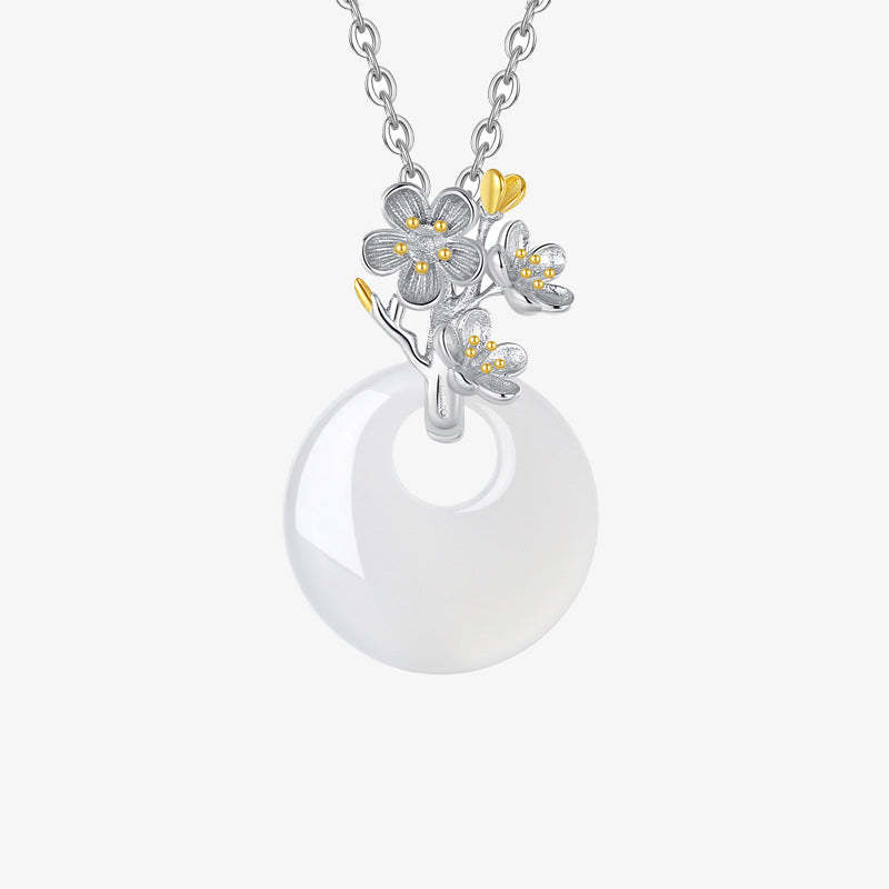 925 Sterling Silver Round Chalcedony Twelve Months Flower Harmony Necklace Pendant