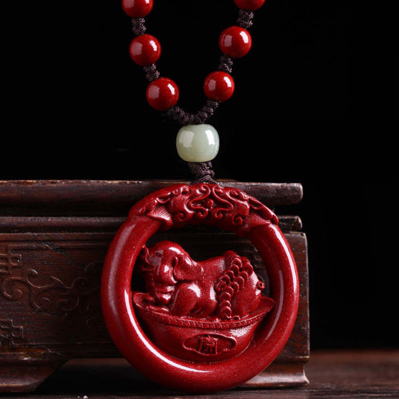 Chinese Zodiac Cinnabar Hetian Jade Peace Buckle Calm Necklace Pendant