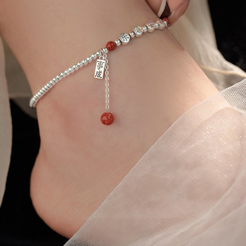 925 Sterling Silver Small Beads Red Agate Peace And Joy Blessing Anklet