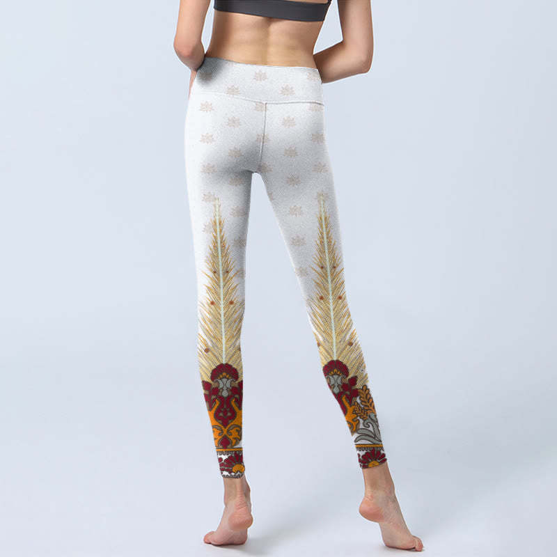 White Abstract Lotus Flower Print Gym Leggings Women's Yoga Pants