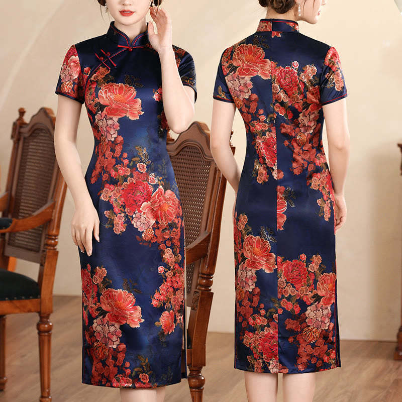 Retro Flower Lotus Peony Feather Print Qipao Dress Women's Cheongsam Dress