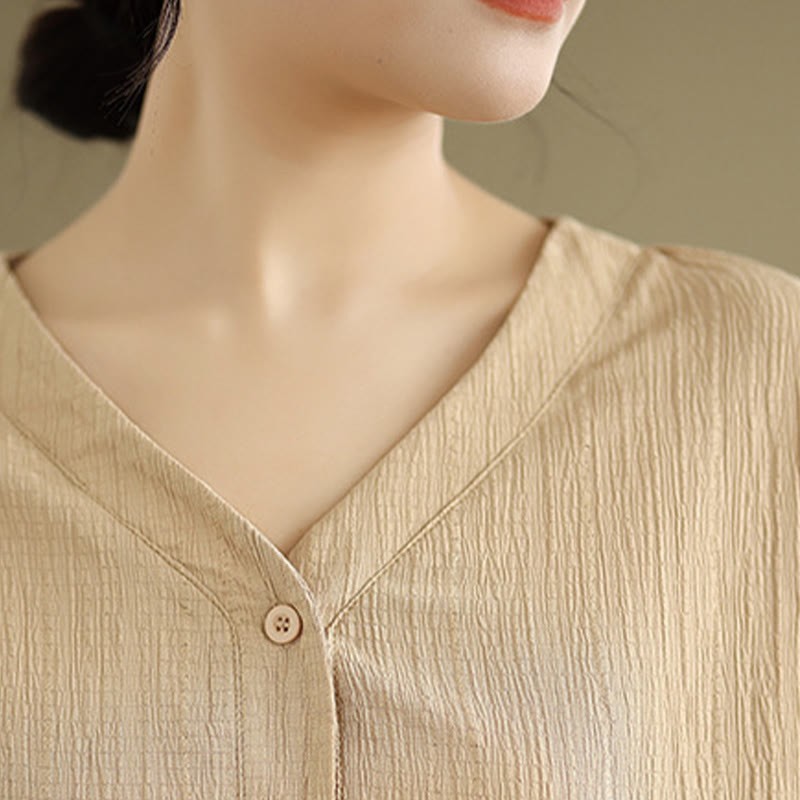 Summer Casual Pure Half Puff Sleeve Half Button V-neck Women's T-Shirt