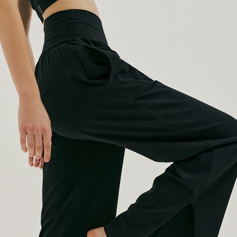 Casual Loose Tie-down Hem Plain High Waist Women's Leica Pants With Pockets
