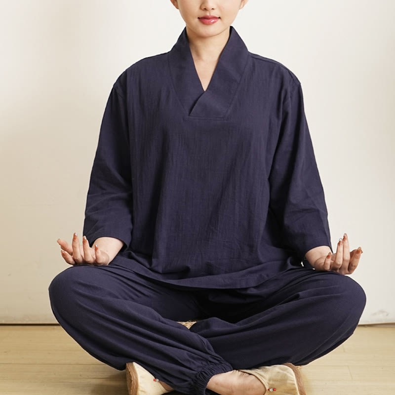 2Pcs V-Neck Three Quarter Sleeve Shirt Top Pants Meditation Zen Tai Chi Cotton Linen Clothing Women's Set