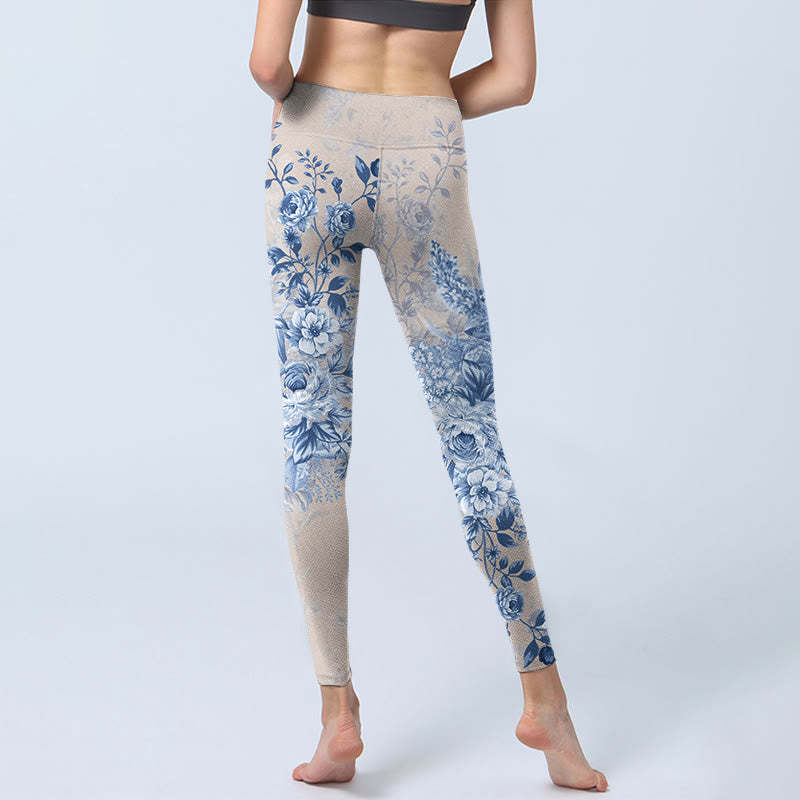 Rose Daisy Print Gym Leggings Women's Yoga Pants