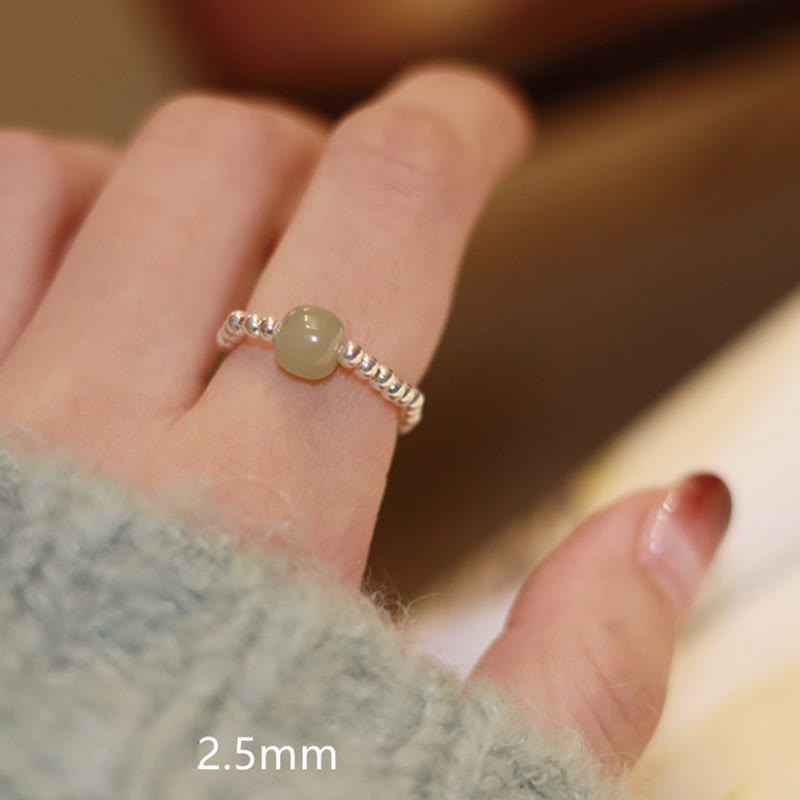 925 Sterling Silver Natural Small Hetian Jade Red Agate Pearl Bead Prosperity Elastic Ring