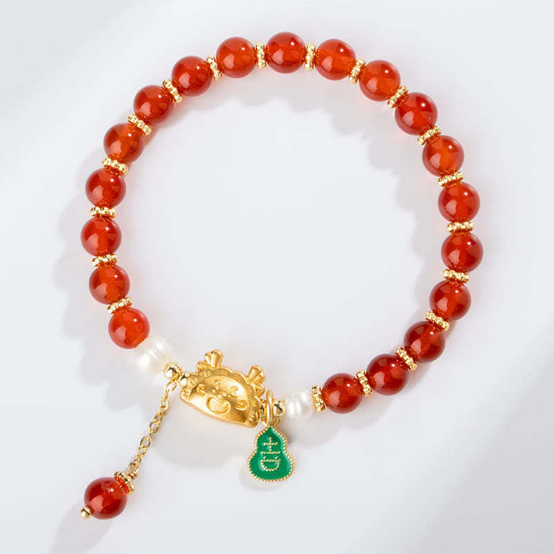 Year Of The Dragon Natural Red Agate Pink Crystal Black Onyx Dumpling Luck Fu Character Bracelet