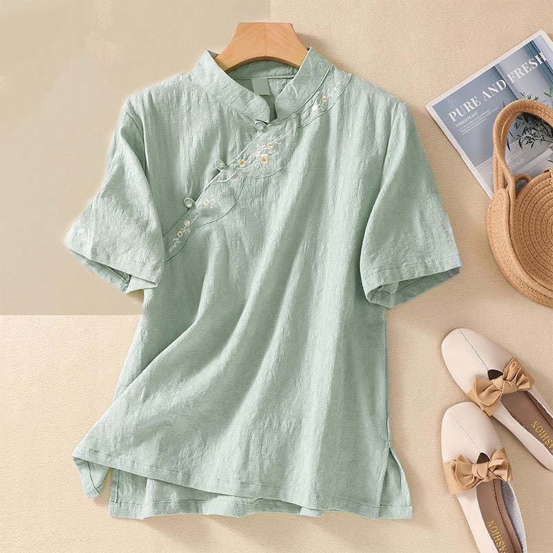 Plum Blossom Embroidery Frog-Button Short Sleeve Cotton Linen Shirt