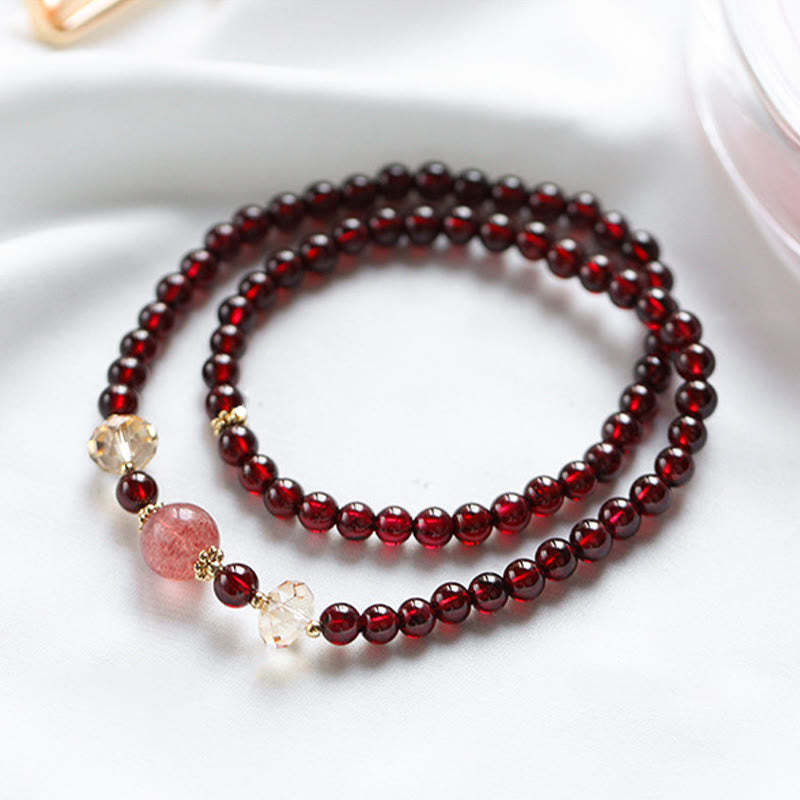 14K Gold Plated Natural Garnet Strawberry Quartz Stability Double Wrap Bracelet