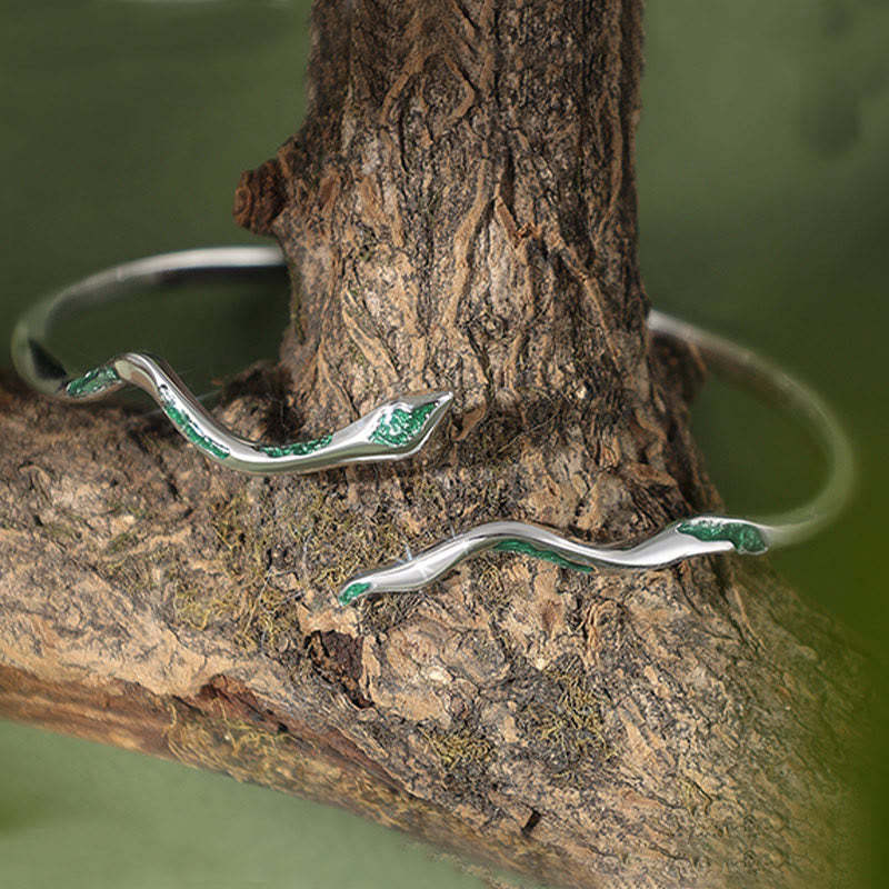 925 Sterling Silver Green Snake Enamel Craft Year Of The Snake Calm Cuff Bracelet Bangle