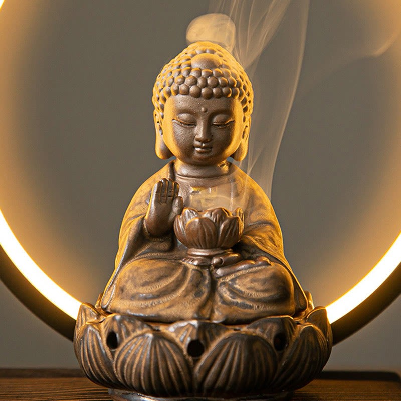 mystic zen Lotus Backflow Smoke Fountain Ceramic Blessing Incense Burner With Light Decoration