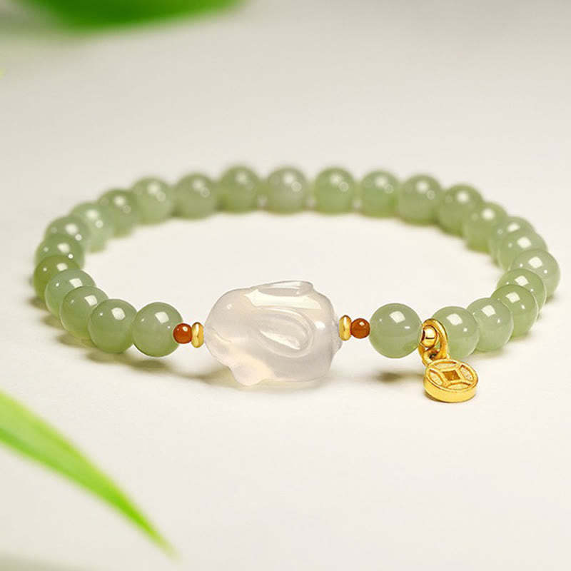 Natural Hetian Jade Agate Rabbit Copper Coin Luck Bracelet
