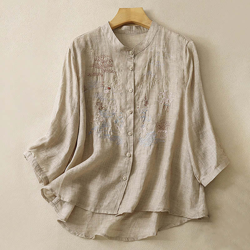 Casual Embroidered Plant Stand Collar Design Three Quarter Sleeve Women's Cotton Linen Shirt