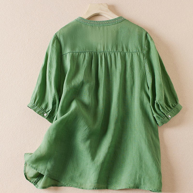 Casual Embroidery Plants Women's V-Neck Design Half Sleeve Cotton Blended Shirt