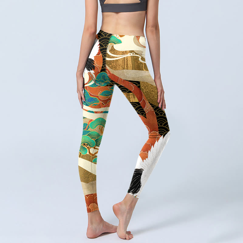 Red-crowned Crane Auspicious Clouds Pine Tree Print Gym Leggings Women's Yoga Pants