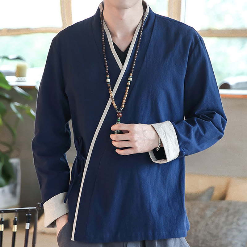 Fall Colorblock Long Sleeve Shirt Linen Lace-up Men Clothing